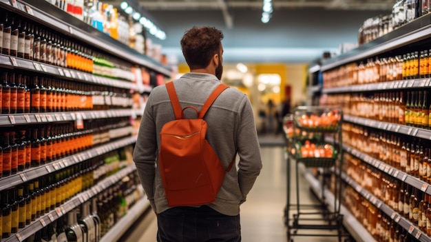 한 남자 가 식료품 시장 에서 식료품 을 골라서 서 있다