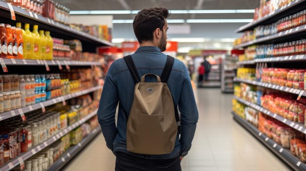 Foto l'uomo si trova in un mercato alimentare a scegliere la spesa