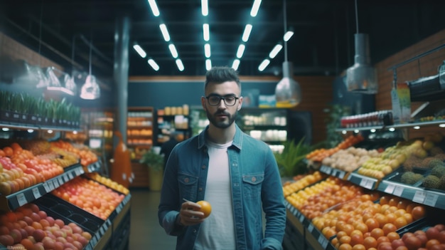 A man stands in a grocery store holding an orange