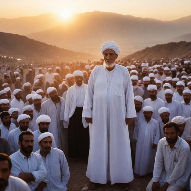 Photo a man stands in a group with other men in white robes