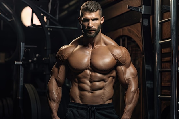 a man stands in a gym with a barbell.