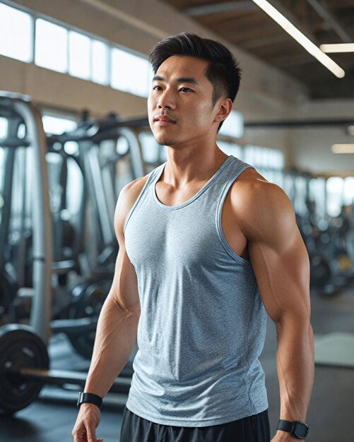 Photo a man stands in a gym with the words  mens body  on the back