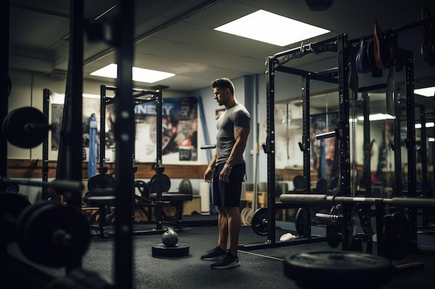 a man stands in a gym with the words " on the wall " on the wall.