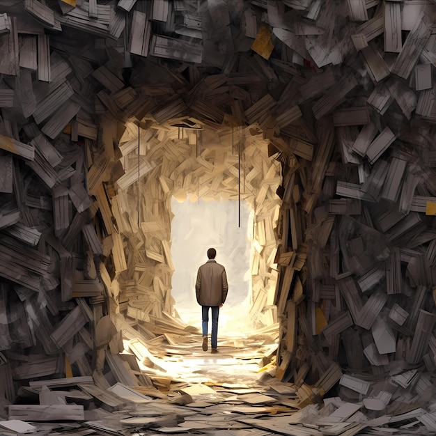 A man stands in the hallway surrounded by papers books library