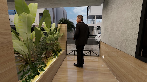 A man stands in a hallway with plants on the walls.