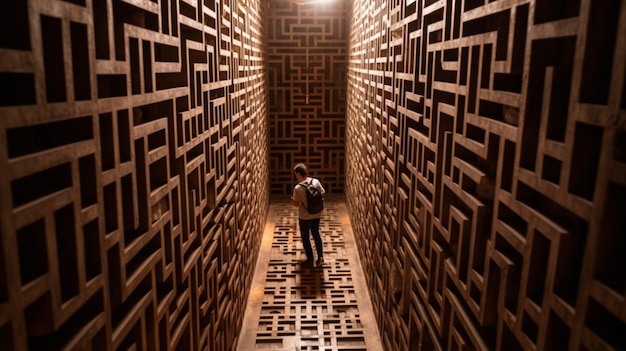 Foto un uomo si trova in un corridoio con pareti e soffitto in legno.