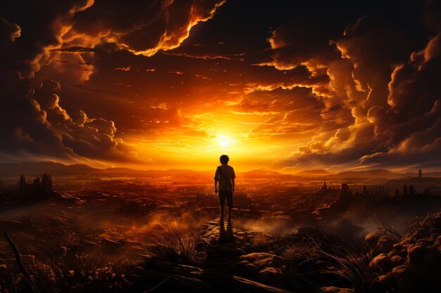 Человек стоит на холме и восхищается закатом солнца над городом.