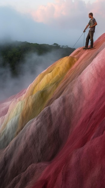 A man stands on a hill in the clouds, with the word pink on it.