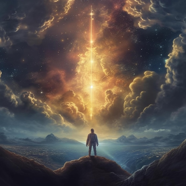 a man stands on a hill in front of a sunset with a star in the sky.