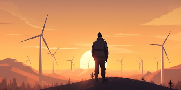 Мужчина стоит на холме на фоне заката с ветряными турбинами на заднем плане.
