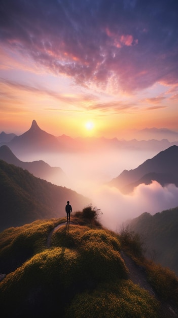 A man stands on a hill in front of a sunset.