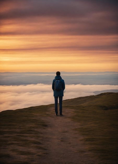 Photo a man stands on a hill looking at the sky