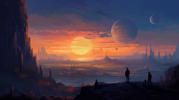 A man stands on a hill looking at a sunset with two planets in the sky.