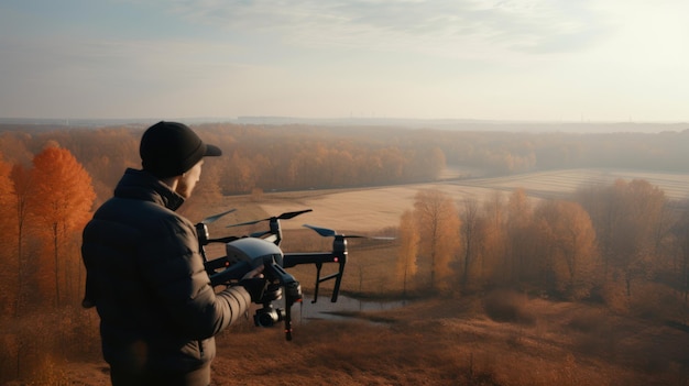 A man stands on a hill and looks at a drone in the distance.