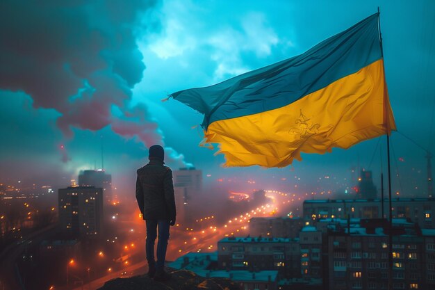 A man stands on a hill overlooking a city with a yellow and blue flag
