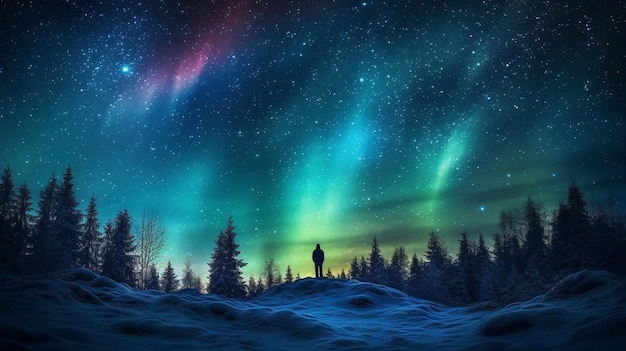 A man stands on a hill under a starry sky with the aurora borealis in the background.