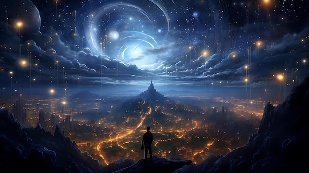 A man stands on a hill watching the stars