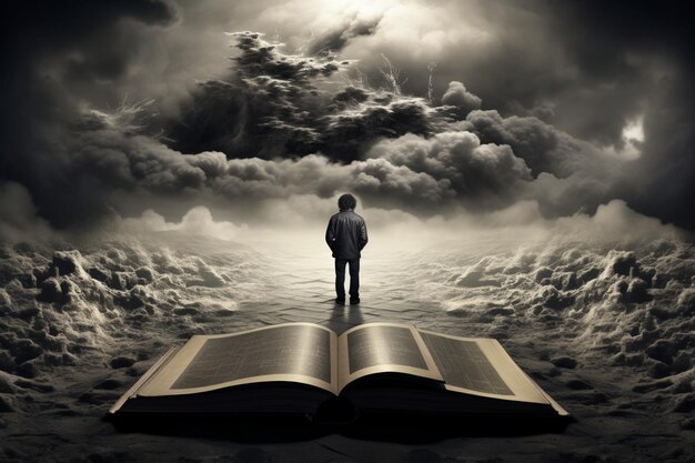 A man stands on a hill with a book in the middle of the sky.