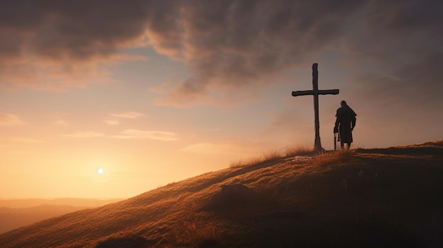 A man stands on a hill with a cross on it