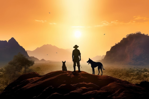 A man stands on a hill with two dogs in front of a sunset