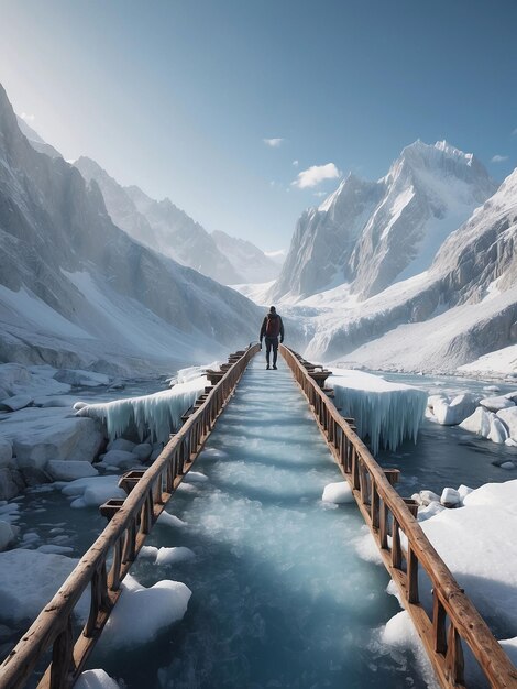 Photo a man stands on an ice bridge