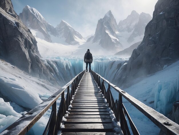 Photo a man stands on an ice bridge