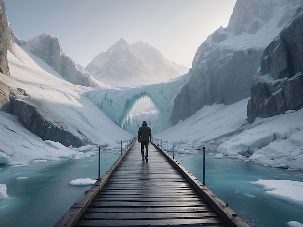 Photo a man stands on an ice bridge