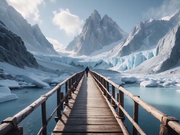 Photo a man stands on an ice bridge