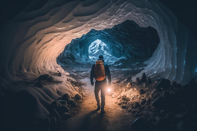 A man stands in an ice cave with a lantern in his hand.