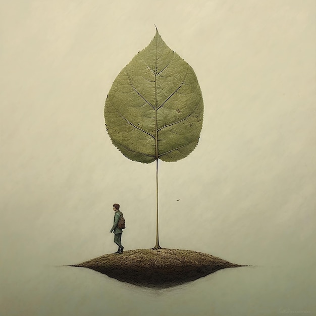 A man stands on an island with a leaf that has the word quot stop quot on it