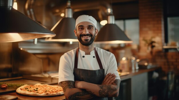 Man stands in the kitchen against a backdrop of pizza and an oven