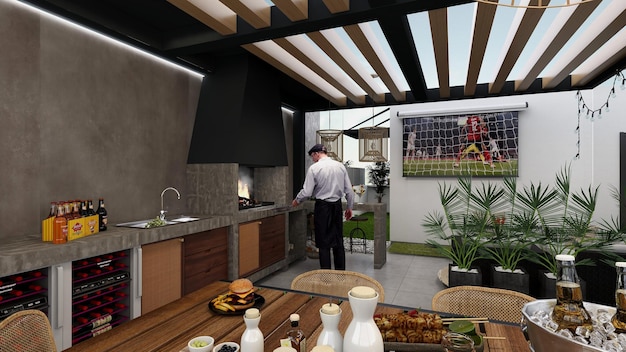 A man stands in the kitchen of a house with a table and chairs and a table with a table with a football on it