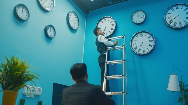 Photo a man stands on a ladder in front of a wall with clocks that say ten minutes past five