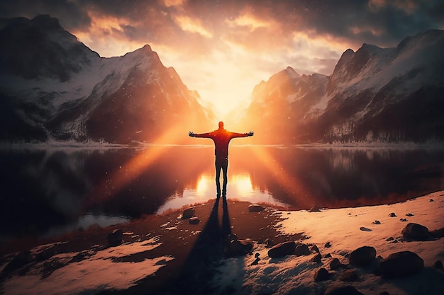 A man stands on a lake with the sun shining on him.