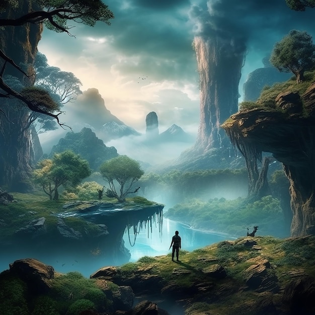 男が山を背景にした風景の中に立っています。