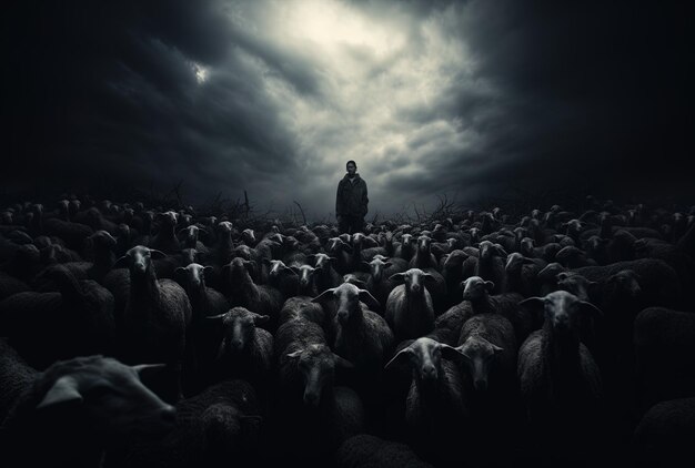 a man stands in a large herd of sheep