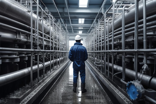 A man stands in a large room examining numerous pipes in a water treatment facility