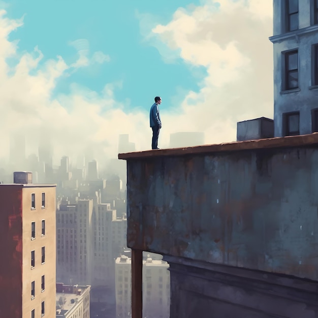 한 남자가 푸른 하늘과 구름이 있는 도시의 난간에 서 있습니다.