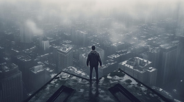 A man stands on a ledge in the fog, looking at the city