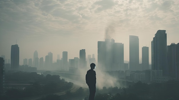 A man stands on a ledge in front of a cityscape with a cityscape in the background.