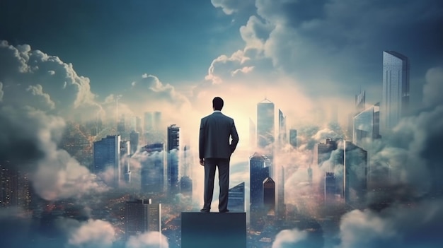 A man stands on a ledge in front of a cityscape with a cloud background.