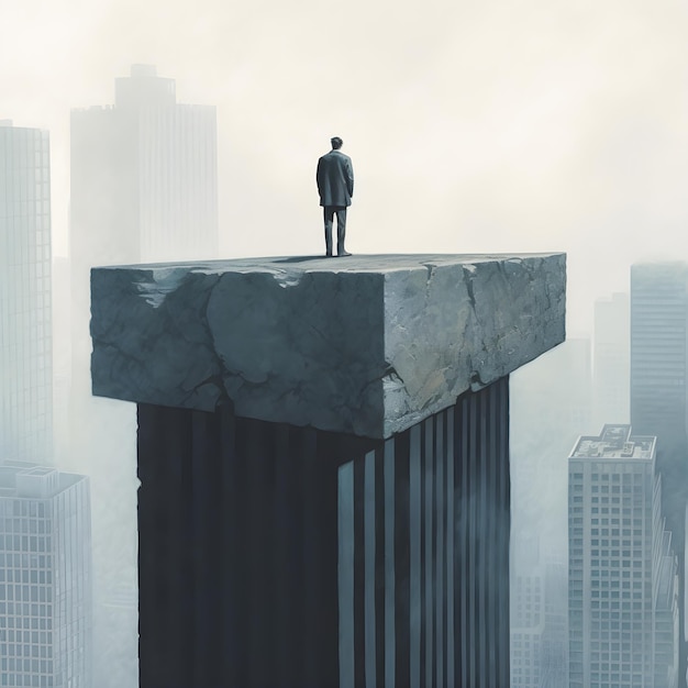 A man stands on a ledge in front of a cityscape