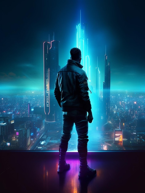 A man stands on a ledge in front of a neon city.