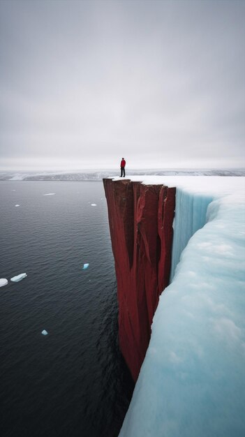 한 남자가 남극 빙하의 난간에 서 있습니다.