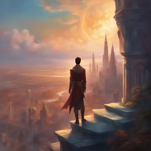 A Man Stands On a Ledge Looking At a Cityscape Wallpaper