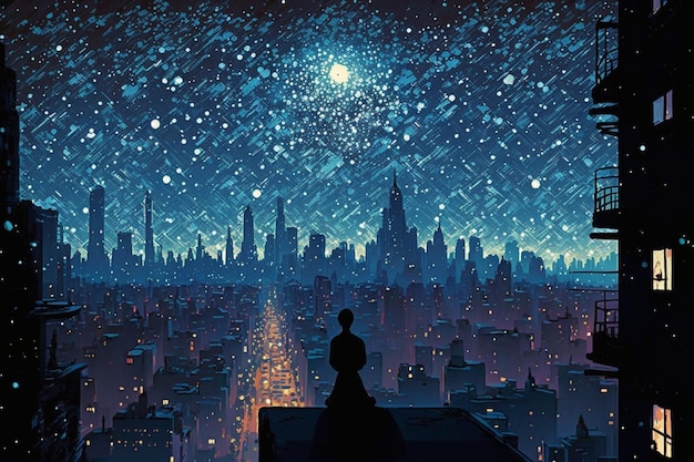 A man stands on a ledge looking at a cityscape with the words " the city of tomorrow " on the left.