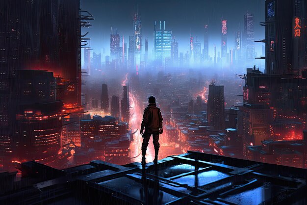 A man stands on a ledge looking at a cityscape.