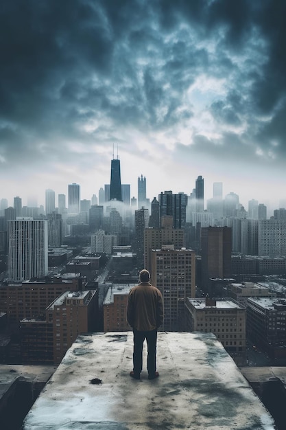 A man stands on a ledge looking at a cityscape