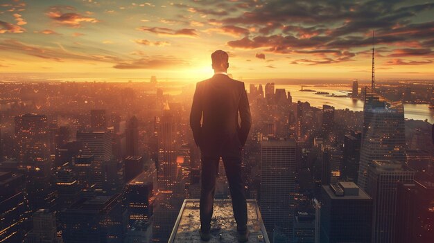 a man stands on a ledge looking at the cityscape