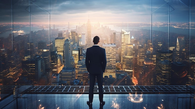 A man stands on a ledge looking at a cityscape.